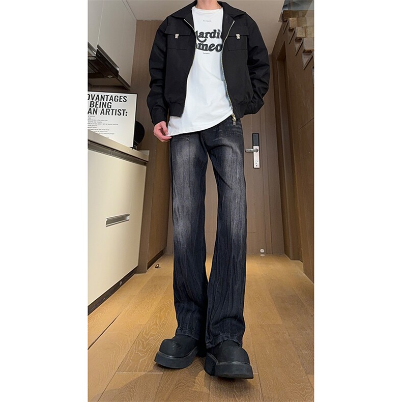 现货秋冬美式黑色渐变裤子男竹节纹直筒牛仔裤女K657-P50控68,男装牛仔裤,星座205-5