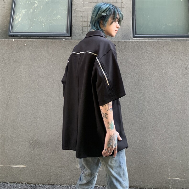 S12-P35美式高街复古宽松型拉链短袖衬衫,男装衬衫,星座1501-1