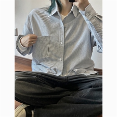 港风日系复古慵懒风竖条纹宽松翻领长袖衬衫XZ213-GC8824-P60控78，男装衬衫，星座213