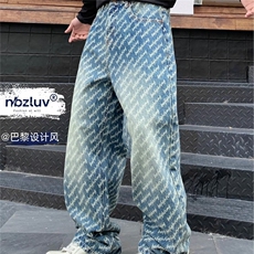 春秋季美式休闲痞帅提花满印牛仔裤男直筒百搭阔腿长裤AM7061P54，男装牛仔裤，星座1013-5
