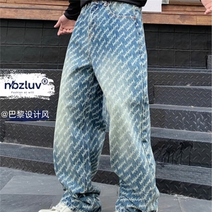 春秋季美式休闲痞帅提花满印牛仔裤男直筒百搭阔腿长裤AM7061 P54图片