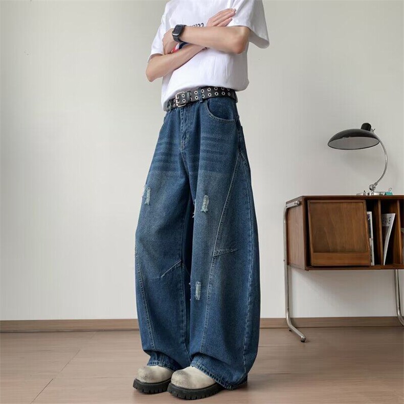 2025新款破洞弯刀牛仔裤直筒宽松阔腿裤百搭现货K8559-P48，男装牛仔裤，星座512-3