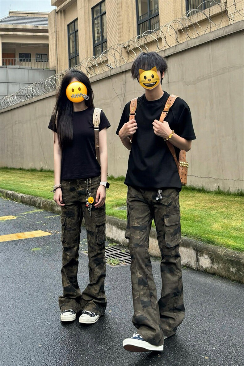 美式高街迷彩牛仔裤男女夏季薄款工装裤子修身窄版休闲直筒微喇裤,男装牛仔裤,电商B241