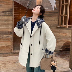 米白色连帽风衣派克羽绒服女冬超火好看高级小众加绒加厚工装外套图片