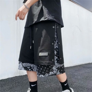 排扣短裤男腰果花拼接宽松潮牌潮流假两件休闲五分中裤子DJ21-p28图片