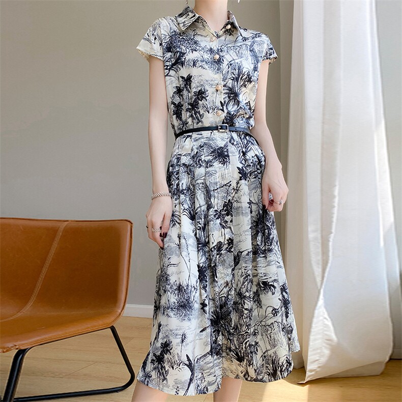 2025年夏季常规单件中长款收腰常规袖短袖衬衣领连衣裙，女装连衣裙，佳绒高端店