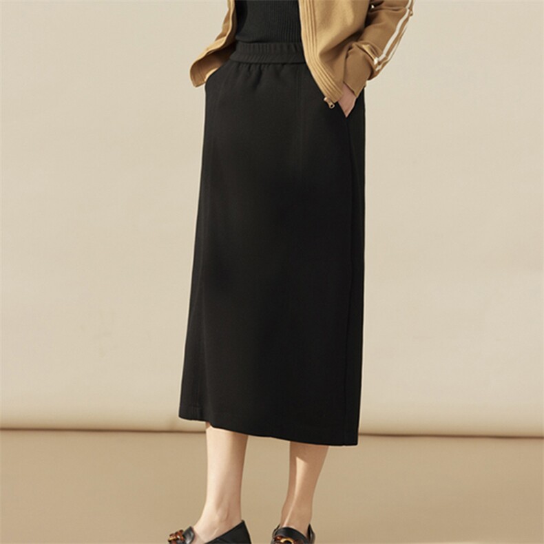 醋酸羊绒直筒半身裙女秋冬新款高级感黑色加厚中长款咖色包臀长裙，女装半身裙，凯思米羊绒