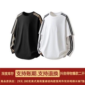 抖音得物高品质 美式高街重磅结构织带假两件双纱纯棉长袖T恤W103图片
