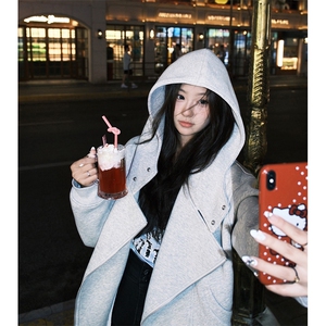 抖音得物品质 26春装美式重磅结构斜拉链高领连帽卫衣开衫外套W61图片