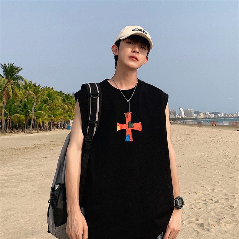夏季港风t恤男宽松大码纯棉运动背心坎肩潮牌无袖BX011P27,男装背心/马甲,星座1204-3