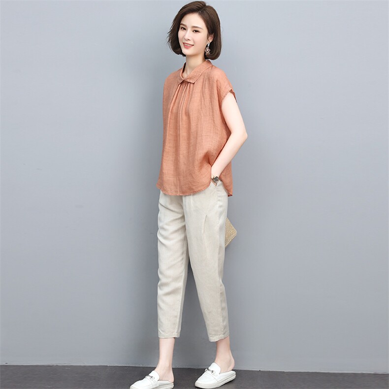 2022年夏装新款苎麻刺绣T恤衬衫女棉麻宽松九分裤套装,女装套装/套裙,忆绮罗