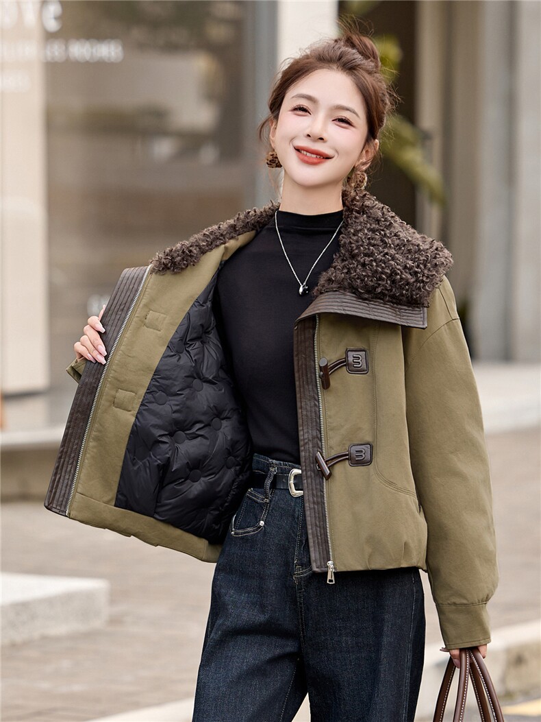 现货工装大翻领短款羽绒服女2026冬季新款加厚保暖派克服外套,女装羽绒服,美沁