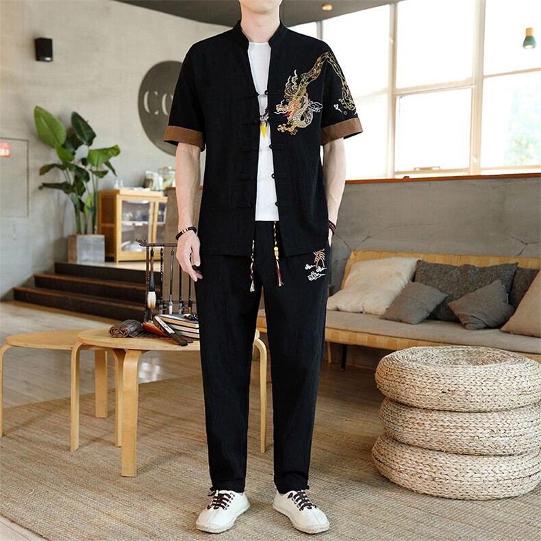 2025新款风男装夏季短袖开衫唐装男汉服套装一套-7716-P60图片