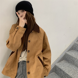 撞色拼接麂皮绒短外套女2025春季新款复古设计感休闲百搭工装夹克图片