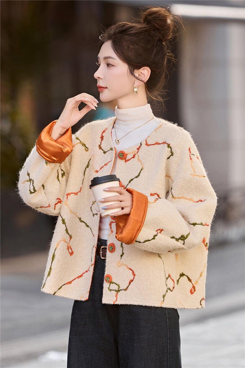 撞色提花单排扣毛呢外套女2026春秋新款高级轻奢小香风短款外套,女装毛呢外套,冬木谷雨