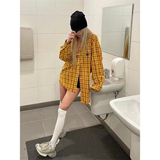 2025美式复古多巴胺黄色格子衬衫男女高街衬衣开衫长袖外套上衣，男装衬衫，星座506A