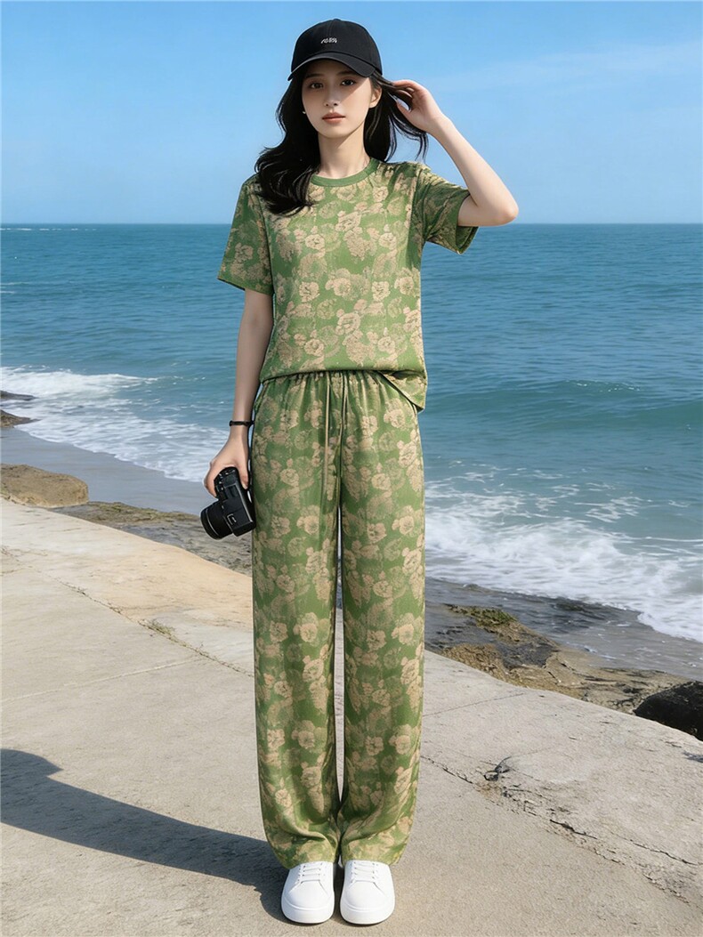 韩版时尚潮流套装女夏季新款个性简约圆领印花上衣阔腿长裤两件套,女装套装/套裙,江南