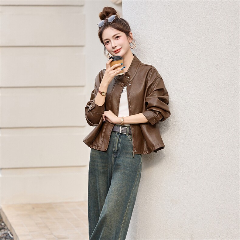 海宁2025新款气质时尚百搭拉链皮衣外套女高级感立领夹克,女装皮衣,美拉德工厂直营店
