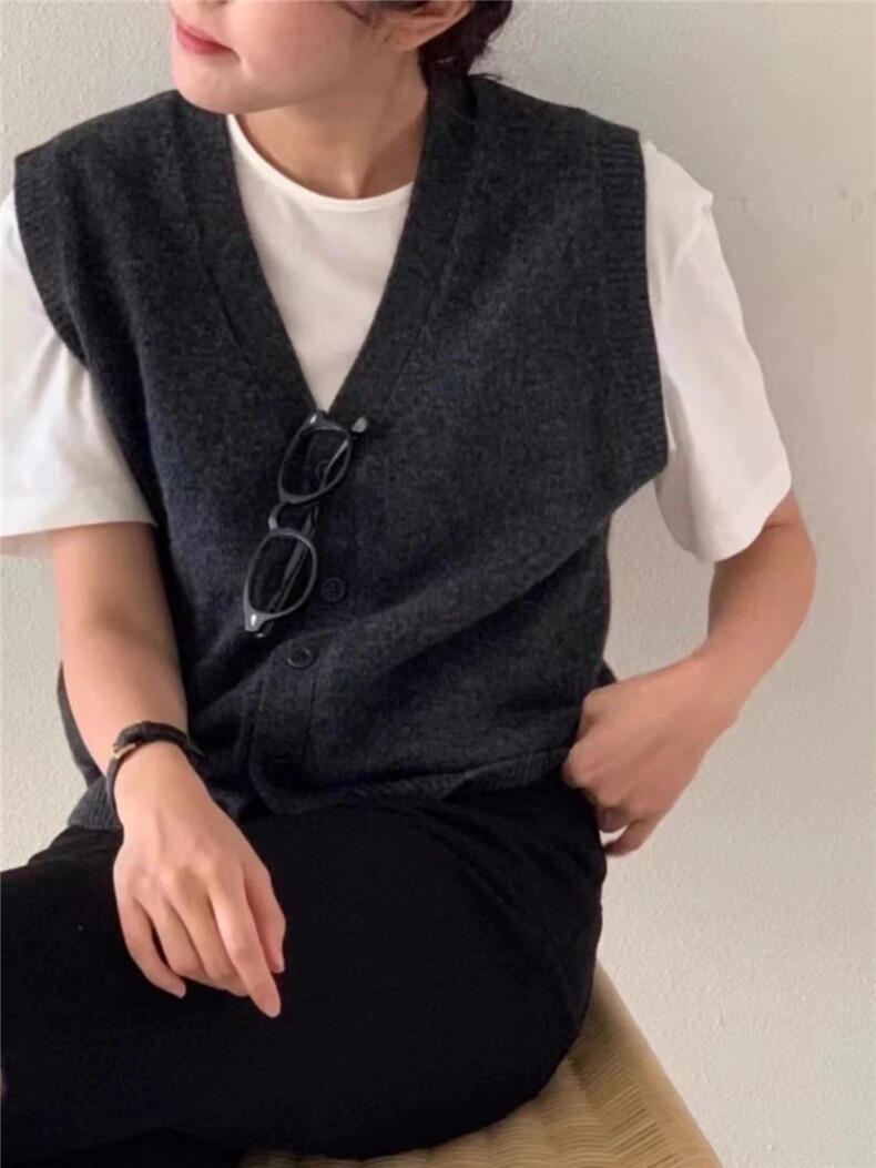 秋冬叠穿羊毛针织马甲背心女V领百搭毛衣开衫宽松无袖坎肩大码,女装马甲,忠诺羊绒