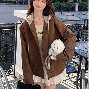 美拉德宽松bf慵懒风小皮衣女2025秋季新款美式设计感连帽拼接外套图片