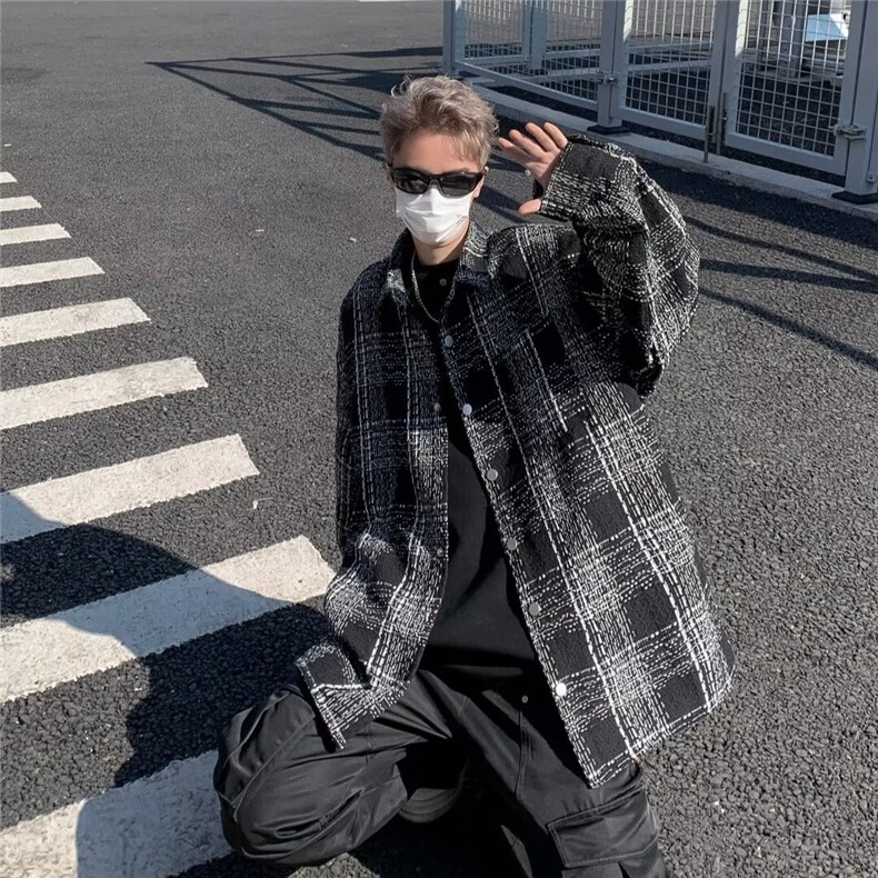 小香风翻领格子衬衫外套男秋季新款百搭宽松休闲高级感衬衣男生,男装衬衫,星座506A