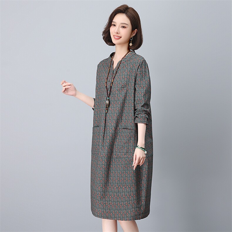 小个子棉麻直筒连衣裙春装大码妈妈中老年裙子宽松遮肚子气质短裙,女装连衣裙,依恋蒂丝
