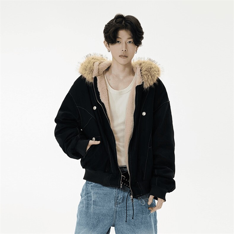 现货重磅boxy短款棉衣座山雕大毛毛领男女棉服水洗工装厚外套,男装棉衣,电商A486-1