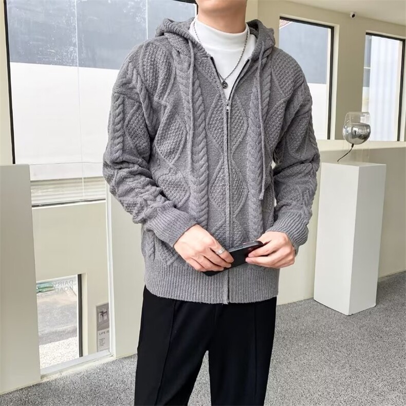 连帽毛衣男保暖加厚高级感宽松秋冬季外套长袖针织开衫G08/P68图片