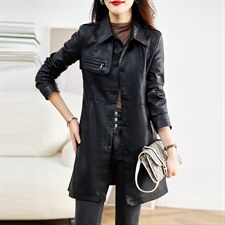 皮衣外套女春秋2023新款时尚潮流收腰气质修身显瘦长款皮衣风衣潮，女装皮衣，魅衣本色