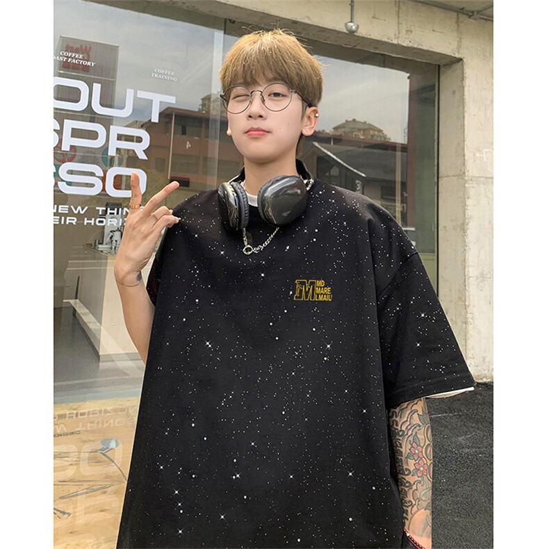 可48小时发货支持抖音得物来样二开美式满天星亮片短袖T恤MTX695,男装T恤,电商A486