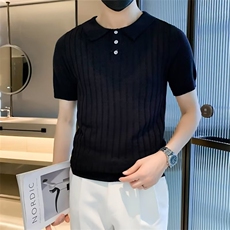 夏季复古男装净色宽松翻领针织衫男休闲提花竖纹短袖Polo衫M819，男装针织衫/毛衣，星座1116A-2（原606A-1）