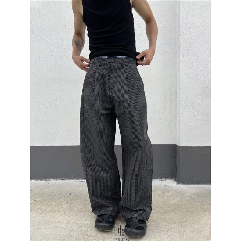 大葱复古格纹老钱风休闲裤男女夏季顺抗皱宽松通勤休闲弯刀长裤，女装休闲裤，星座1210-1