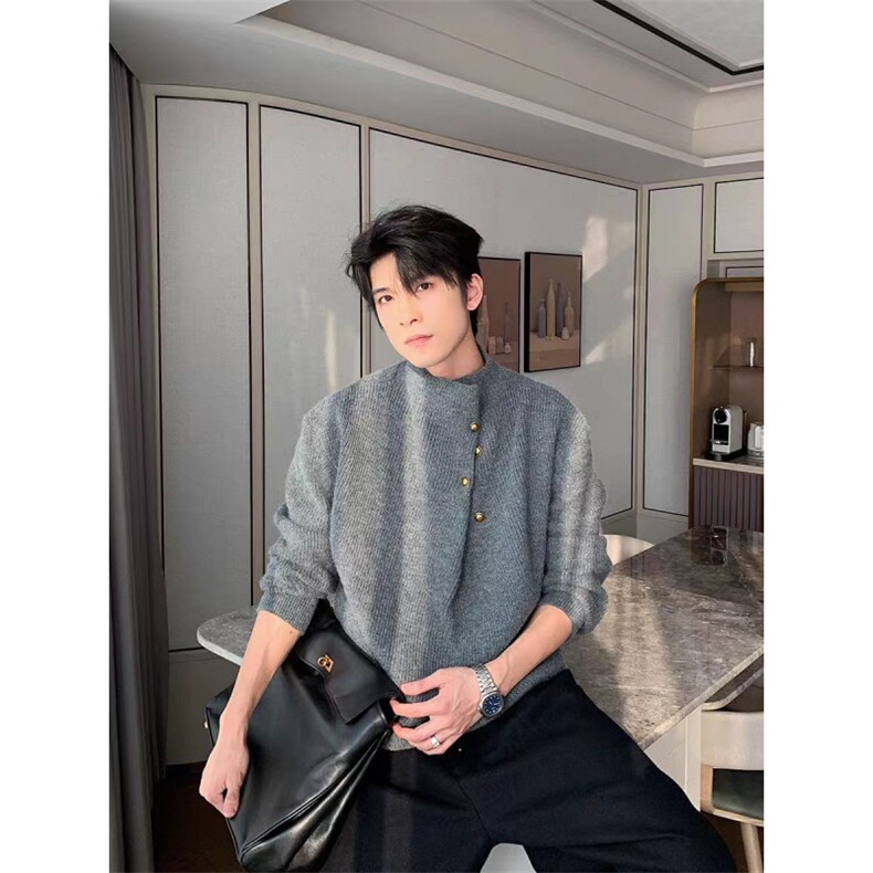 MA728-P65网图新中式高领不规则纽扣慵懒cleanfit风针织衫,男装针织衫/毛衣,星座1611A