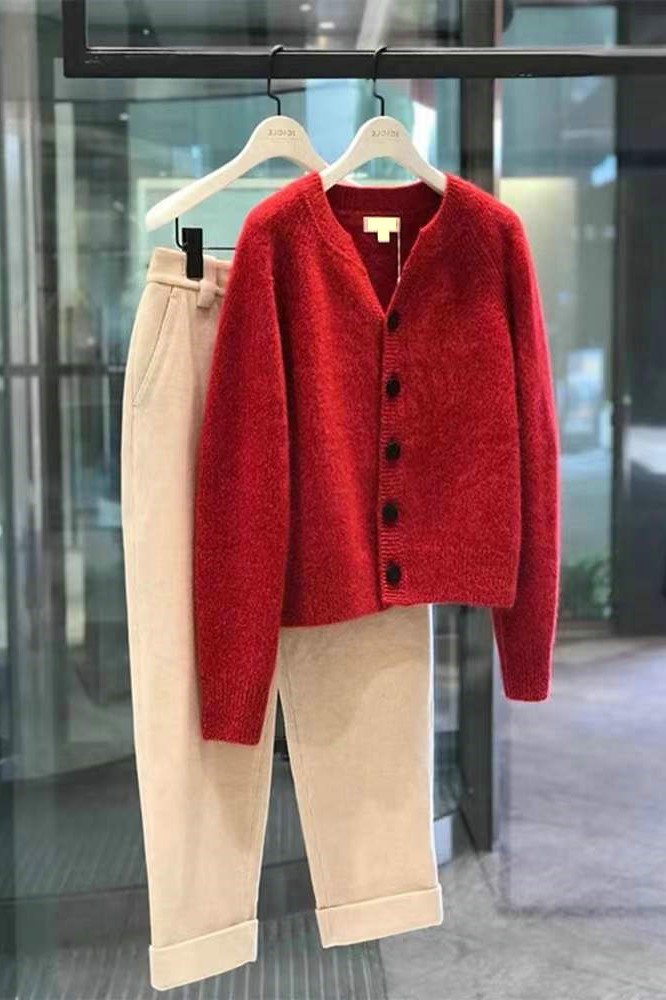 时尚潮流通勤百搭长袖纯毛加厚圆V领开衫红色,女装羊毛衫,丽特绒