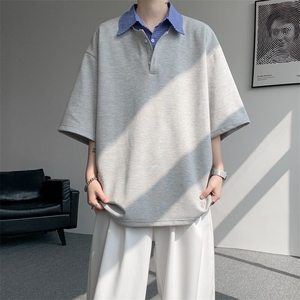8XL-M格纹拼接假两件短袖t恤大码美式重磅polo翻领半袖DX1218/P48图片