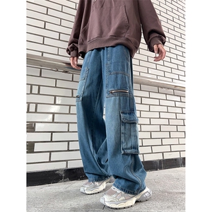 美式复古潮牌直筒休闲裤水洗做旧多口袋工装牛仔裤男 K7507-P58图片