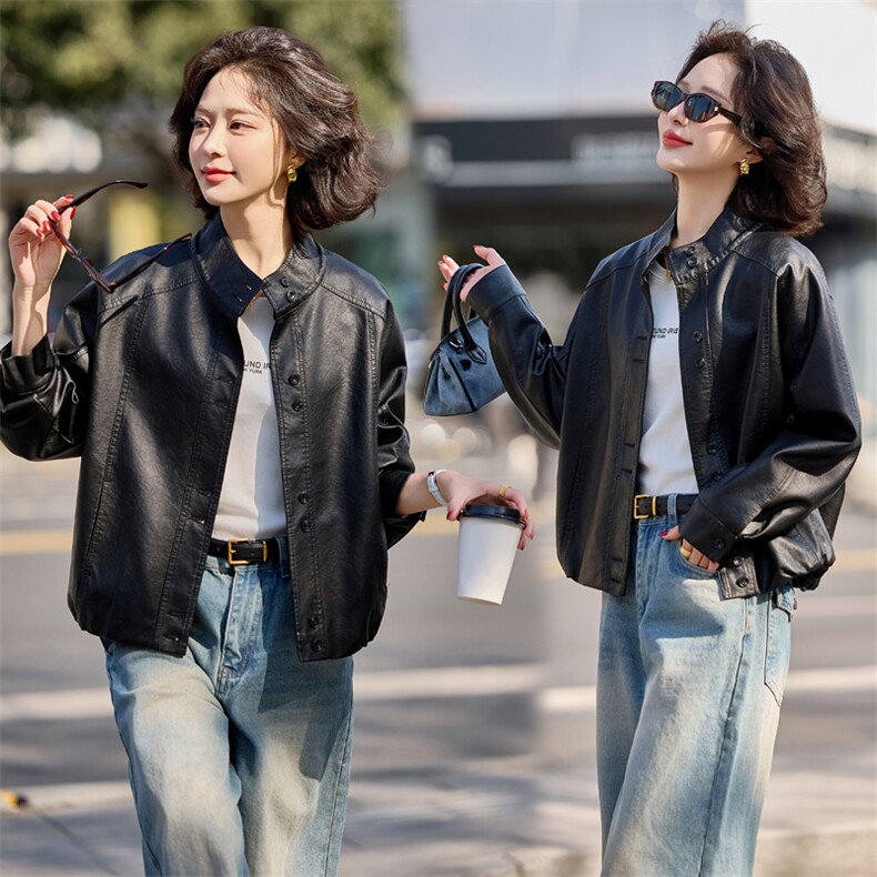小个子立领拼接皮衣纽扣长袖女装常规见详情短款时尚春秋休闲百搭,女装皮衣,魅衣本色