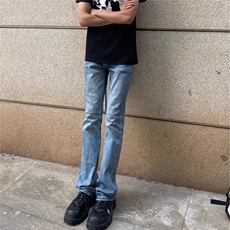 美式复古高街浅蓝色牛仔裤男春秋新款显瘦百搭cleanfit微喇叭长裤，男装牛仔裤，星座506A