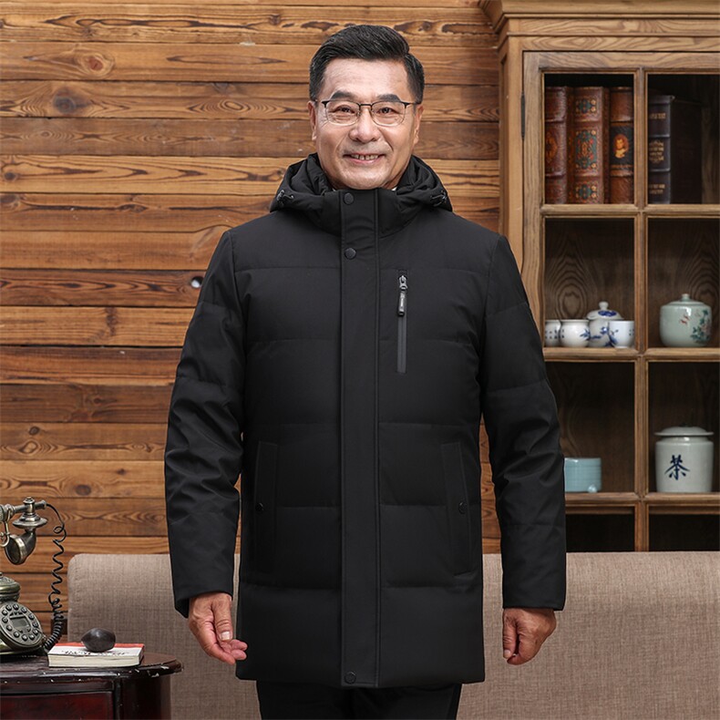 中老年羽绒服男士中长款加厚防寒中年休闲白鸭绒连帽可脱卸外套,男装羽绒服,钱塘6003（原4033）
