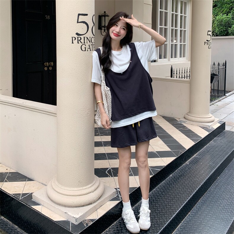 小个子运动休闲套装女2025夏季新款学院风假两件T恤短裤两件套潮图片