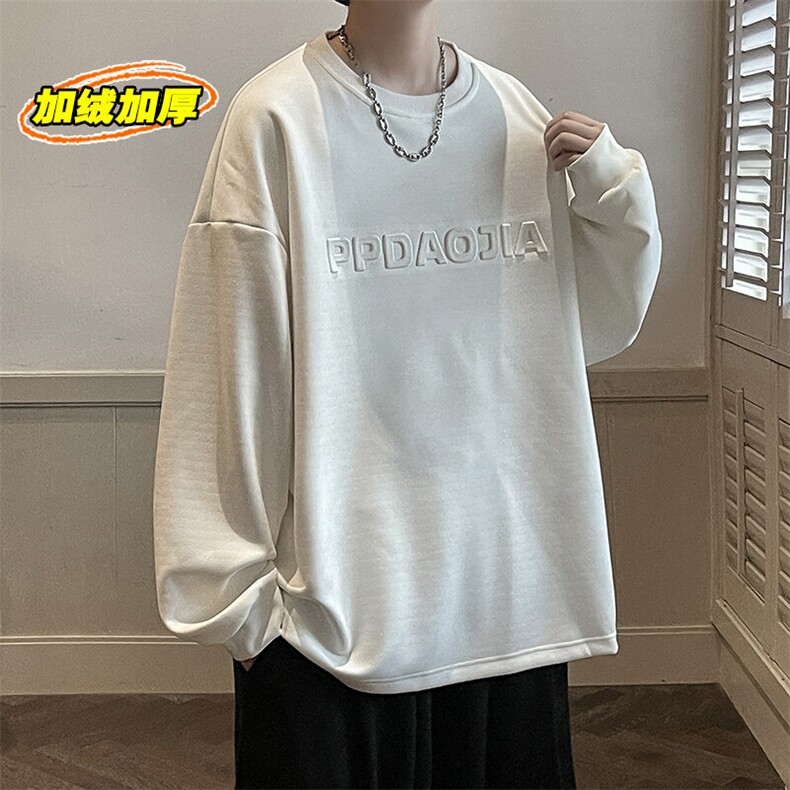 冬款麂皮绒港风大码休闲卫衣字母钢印宽松打底衫W26626J加绒-P55,男装卫衣,电商A001
