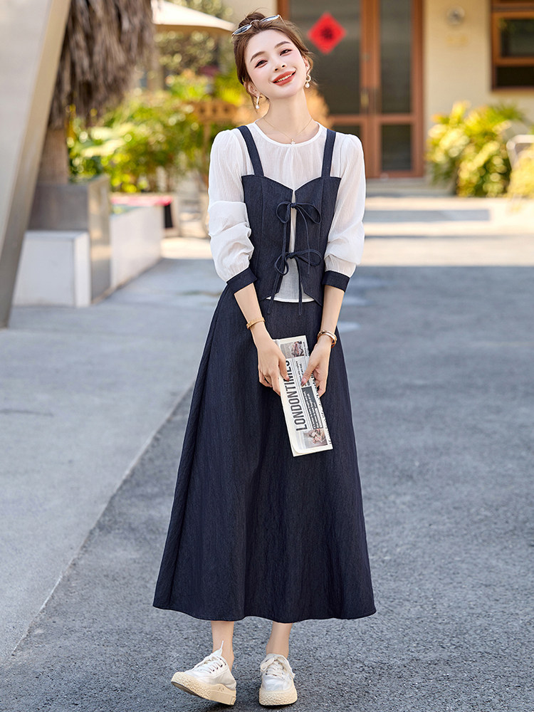 休闲时尚连衣裙套装女2025春夏款大码遮肚子显瘦减龄裙子两件套,女装套装/套裙,玖莱伊