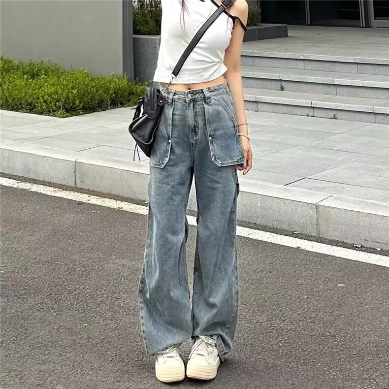 美式复古水洗工装牛仔裤女高街新款高腰宽松显瘦百搭直筒阔腿长裤,女装牛仔裤,星座506A
