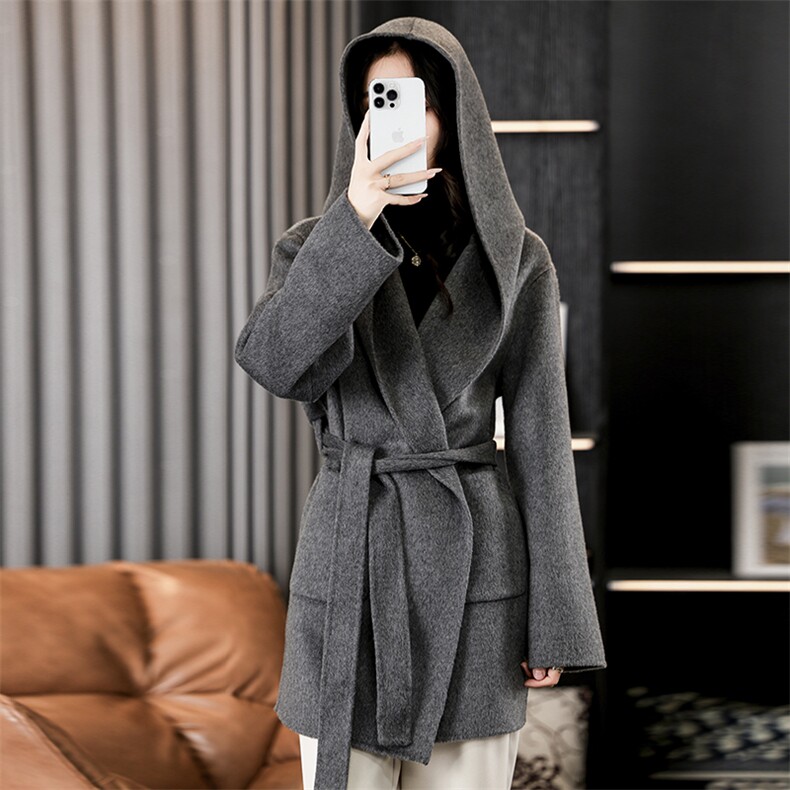 高端时尚韩版双面呢大衣女秋冬新款系带气质长袖连帽羊毛呢外套，女装双面呢大衣，贝源羊绒