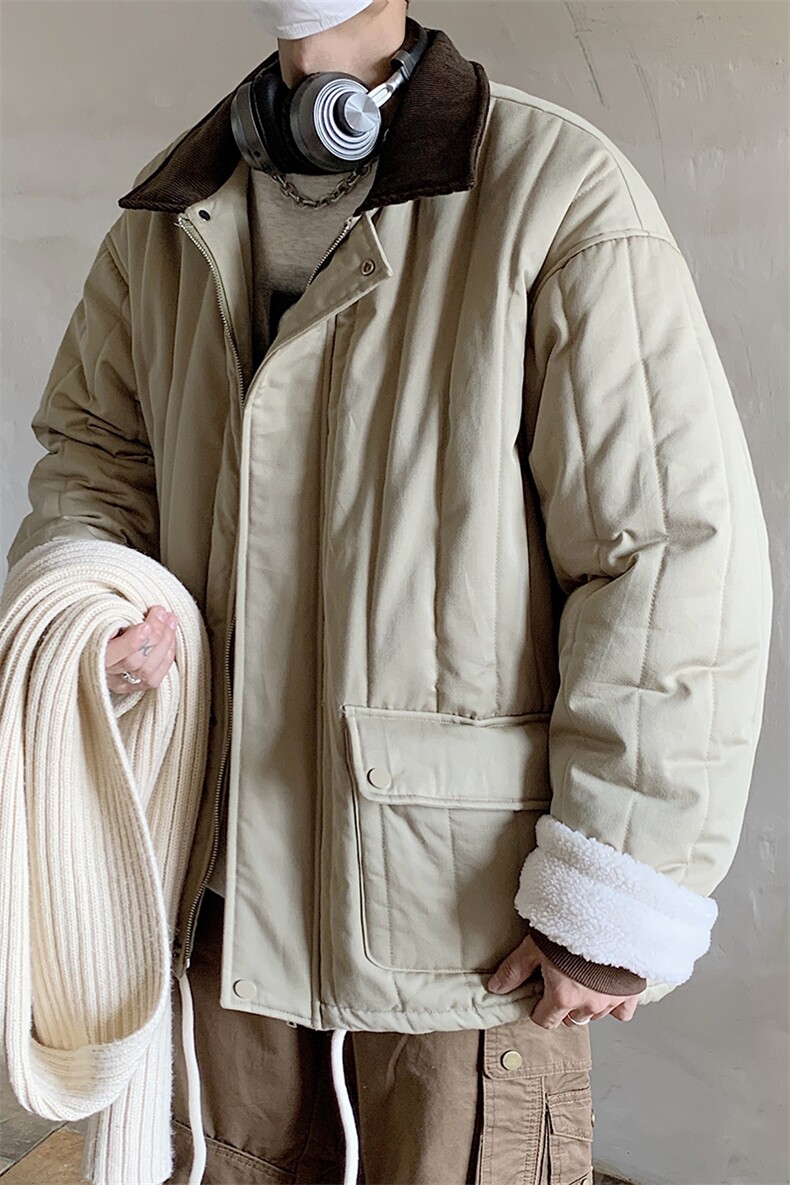 港风撞色灯芯绒拼接领棉衣外套女羊羔绒情侣加厚棉服G1070P128,男装棉衣,电商A339