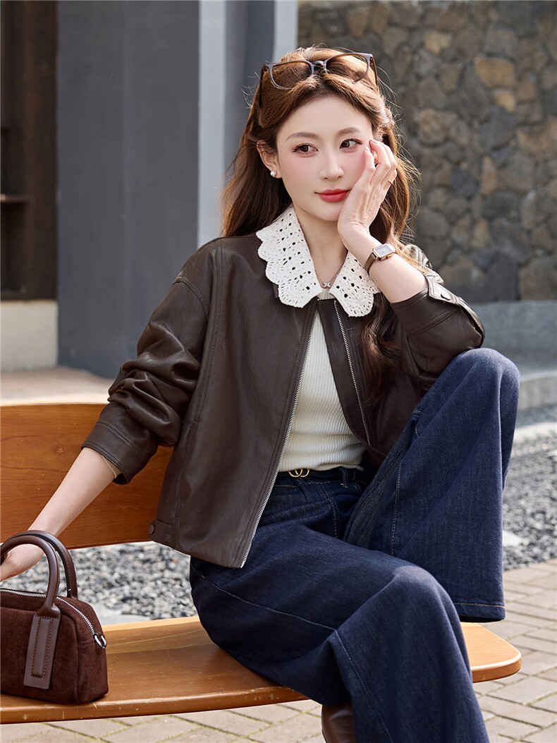 【春季女装新款】2026时尚洋气韩版花边翻领宽松短款拉链皮衣外套,女装皮衣,冬木谷雨