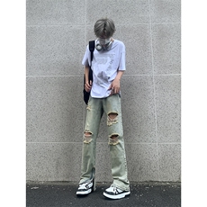 现货夏季修身vibe美式高街破洞黄泥染拉链牛仔裤男K822-K823-P55，男装牛仔裤，星座205