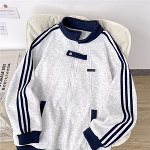 加绒加厚运动夹克男三条杠开衫卫衣棒球服外套JK004-P45 加绒P50图片