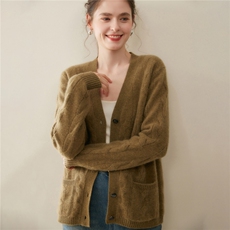 秋冬新款V领麻花山羊绒针织开衫女双股加厚大码宽松保暖毛衣外套，女装羊绒衫，暖凌绒