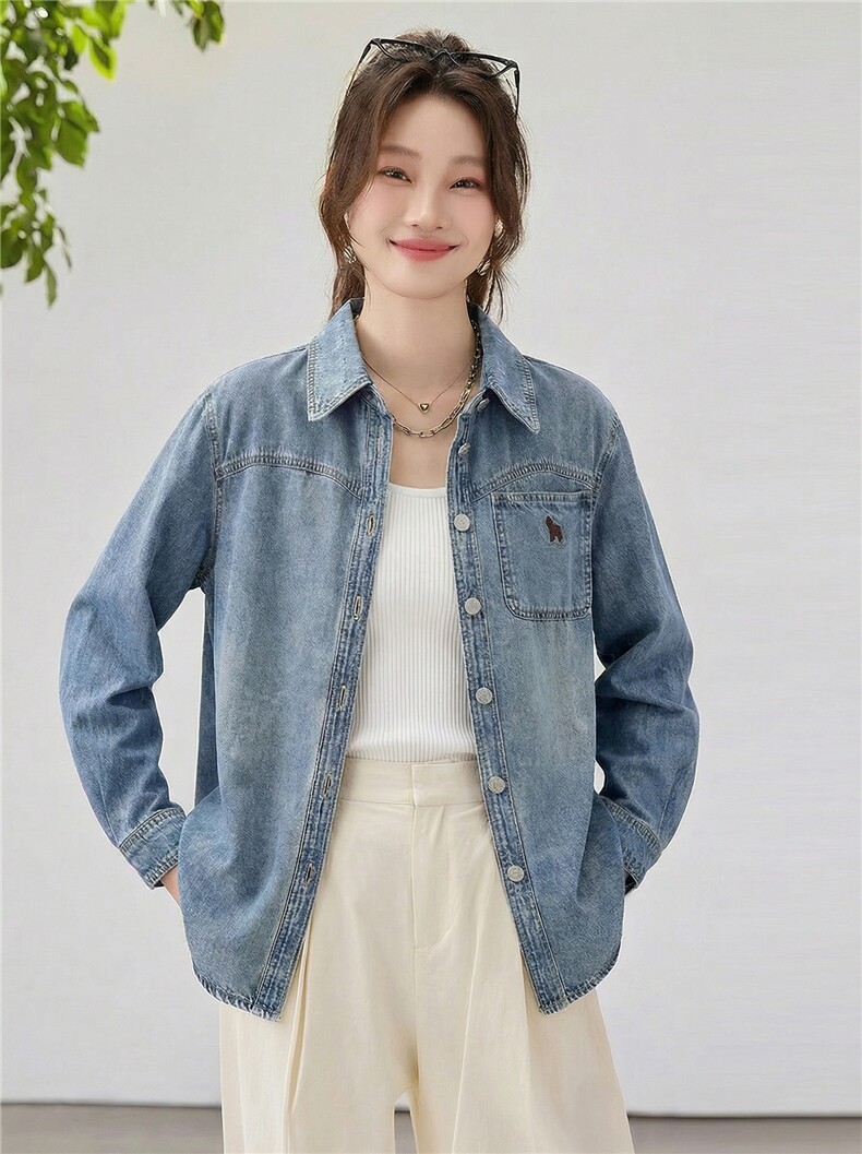 现货2026年春季休闲风牛仔绣花衬衫外套,女装短外套,靓衣阁